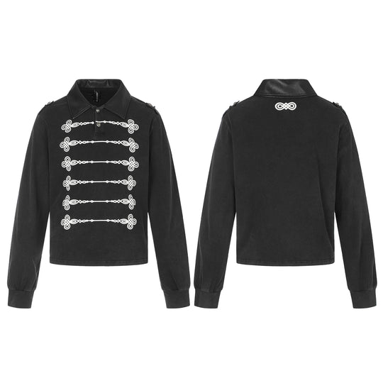 Damen Polo‑Sweatshirt im Military‑Style mit dekorativen Kordelprints und Lederkragen Nord Taschen