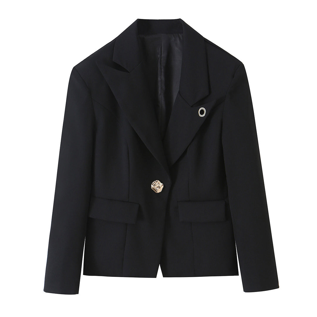 Damen Taillierter Kurzblazer mit dekorativem Metallknopf und Pattentaschen Nord Taschen