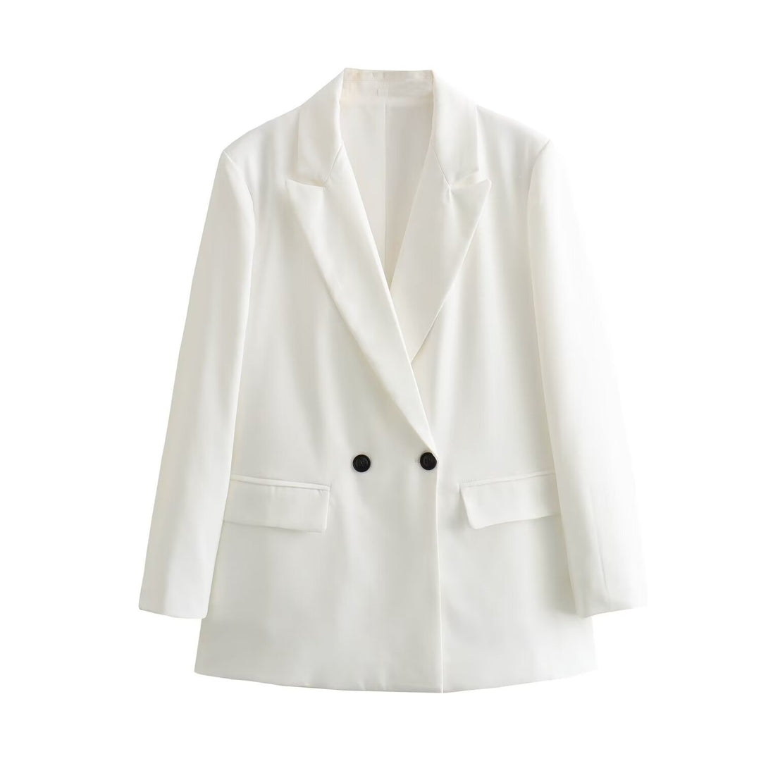 Damen Doppelreihiger Longblazer mit weitem Schalkragen und Pattentaschen Nord Taschen