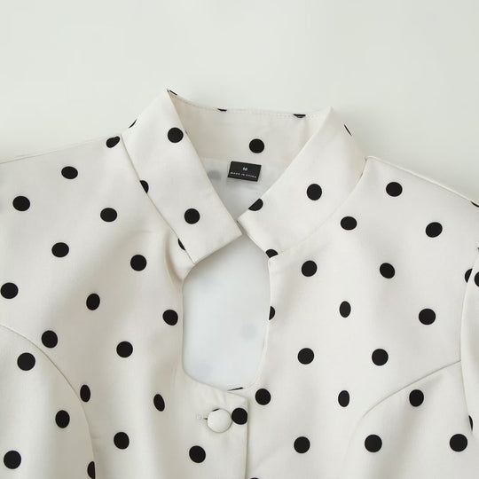 Damen Gepunktete Bluse mit Stehkragen, Puffärmeln und Peplum-Saum Nord Taschen