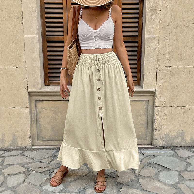 Damen Sommerlicher Maxirock mit Smockbund, durchgehender Knopfleiste, Seitenschlitz und Volant Nord Taschen