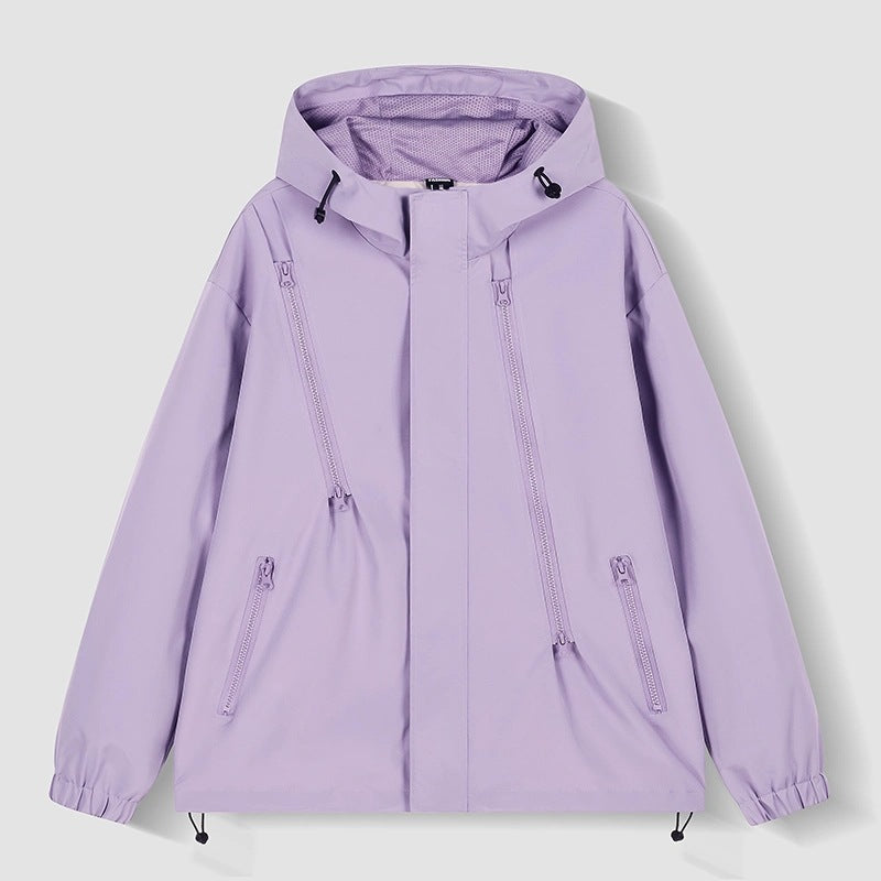 Damen Kurze technische Kapuzenjacke mit asymmetrischen Reißverschlüssen & Kordelzug Nord Taschen