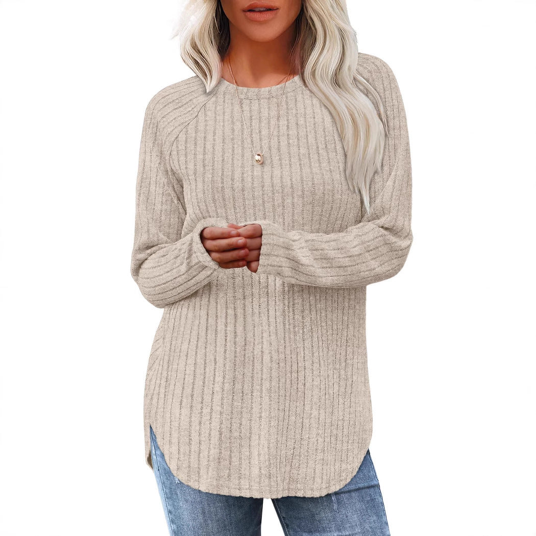 Damen gerippter Strickpullover mit Rundhalsausschnitt Oversize-Passform und Seitenschlitzen Nord Taschen