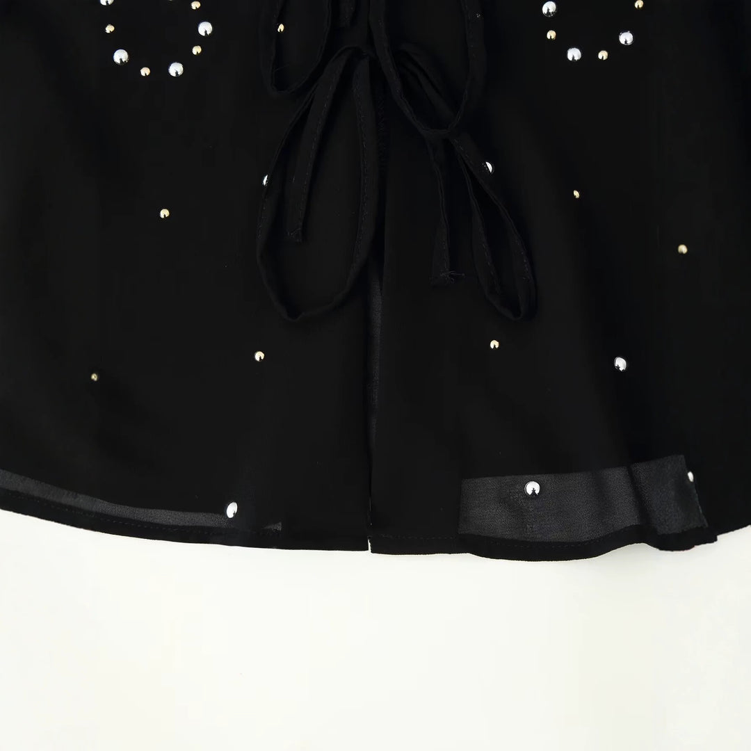 Damen Chiffon-Bluse mit Paillettenbesatz, tiefem V‑Ausschnitt und dekorativen Bindebändern Nord Taschen