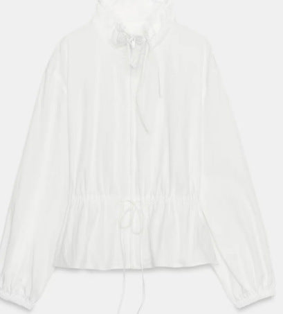 Damen Romantische Baumwoll‑Rüschenbluse mit Highneck, Kordelzugtaillierung und Volant‑Saum Nord Taschen