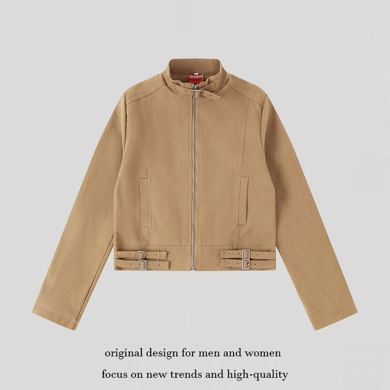 Damen Kurz geschnittene Baumwoll-Utility-Jacke mit Stehkragen Frontreißverschluss und verstellbaren Taillenriemen Nord Taschen