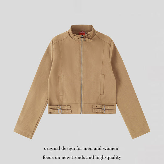 Damen Kurz geschnittene Baumwoll-Utility-Jacke mit Stehkragen Frontreißverschluss und verstellbaren Taillenriemen Nord Taschen