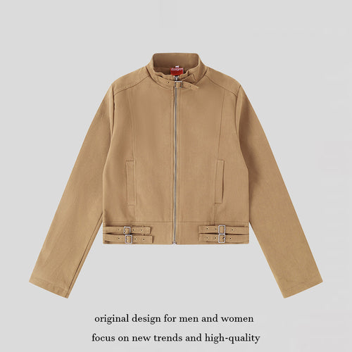 Damen Kurz geschnittene Baumwoll-Utility-Jacke mit Stehkragen Frontreißverschluss und verstellbaren Taillenriemen Nord Taschen