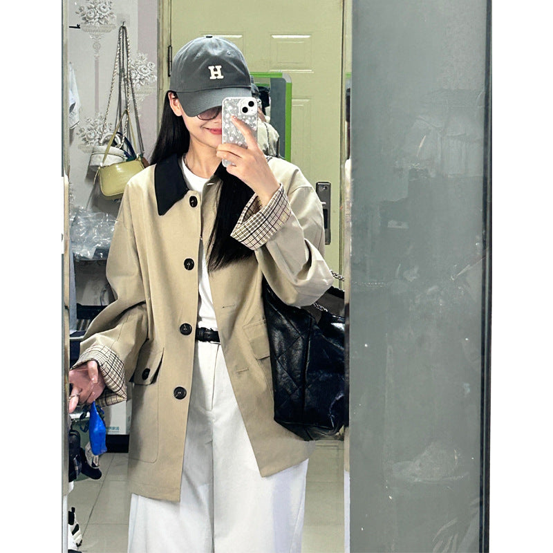 Damen Oversized Trenchcoat mit Kontrastkragen und karierten Umschlagmanschetten Nord Taschen