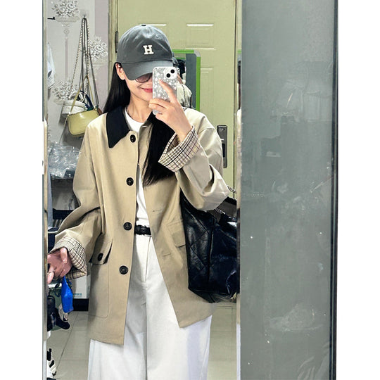 Damen Oversized Trenchcoat mit Kontrastkragen und karierten Umschlagmanschetten Nord Taschen