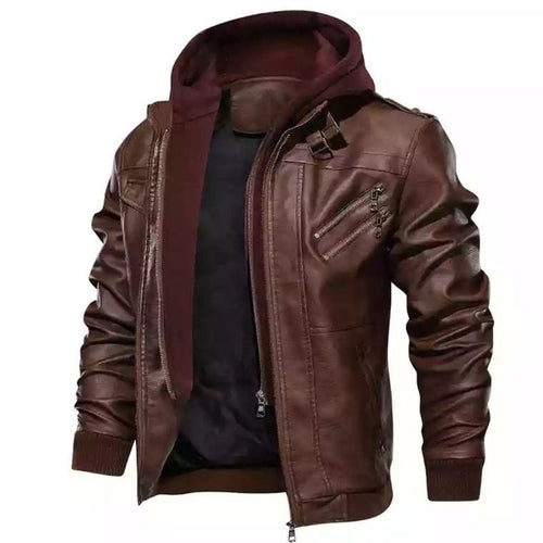 Herren Kapuzen-Lederimitatjacke im Bikerstil mit Reißverschlusstaschen und gerippten Bündchen Nord Taschen
