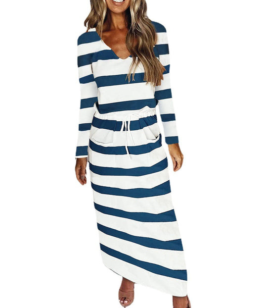 Damen Lässig-elegantes Maxi-Strickkleid mit V-Ausschnitt, Tunnelzug und Eingrifftaschen Nord Taschen