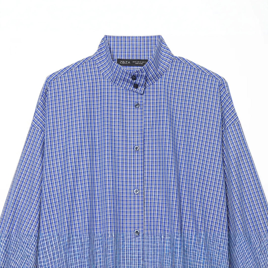 Damen Kariertes Cropped-Hemd mit Stehkragen, Kordelzugsaum und Ballonärmeln Nord Taschen