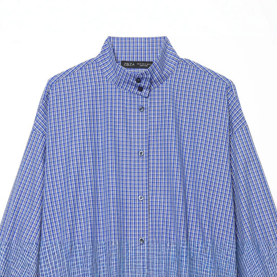 Damen Kariertes Cropped-Hemd mit Stehkragen, Kordelzugsaum und Ballonärmeln Nord Taschen