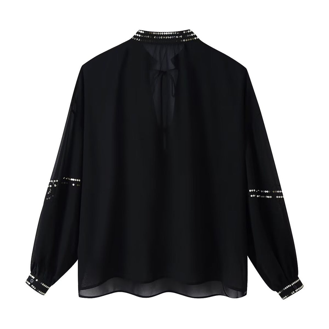 Damen Chiffonbluse mit Paillettenbesatz, Ballonärmeln und Bindekragen Nord Taschen