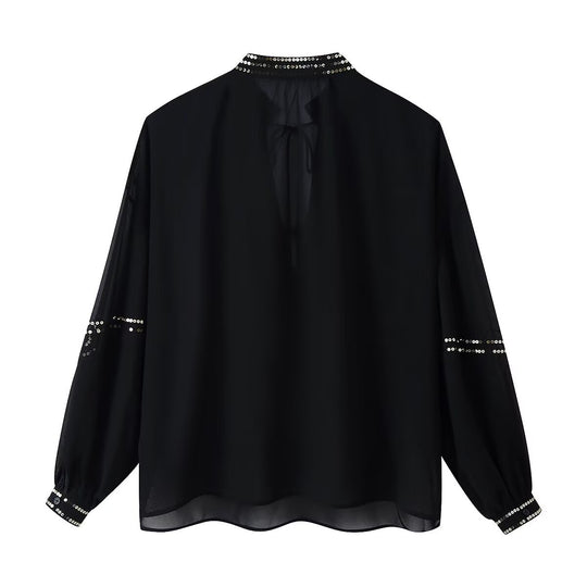 Damen Chiffonbluse mit Paillettenbesatz, Ballonärmeln und Bindekragen Nord Taschen