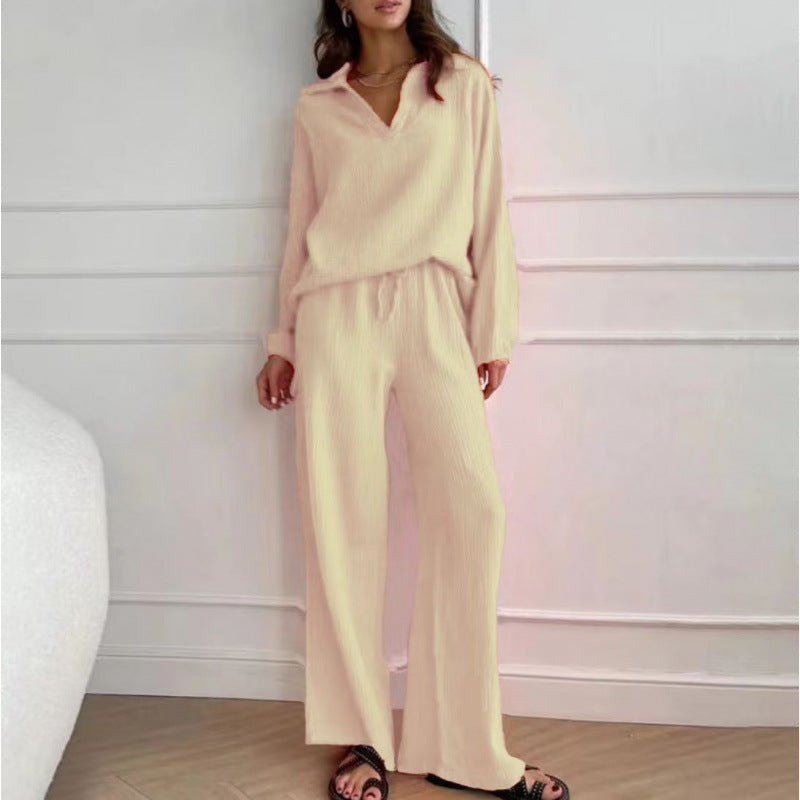 Damen Leichtes Crinkle-Lounge-Set mit V-Ausschnitt und weiter High-Waist-Hose Nord Taschen