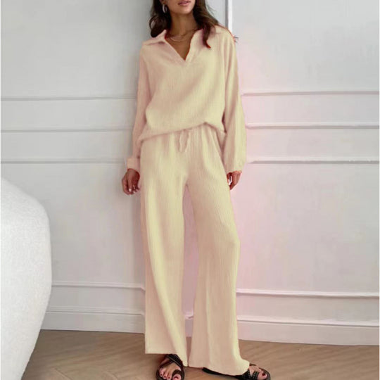 Damen Leichtes Crinkle-Lounge-Set mit V-Ausschnitt und weiter High-Waist-Hose Nord Taschen
