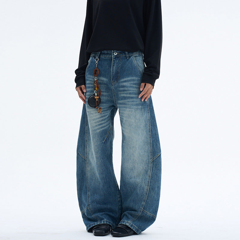 Damen Extraweite Denim-Palazzohose mit Paneelnähten und bodenlangem Saum Nord Taschen