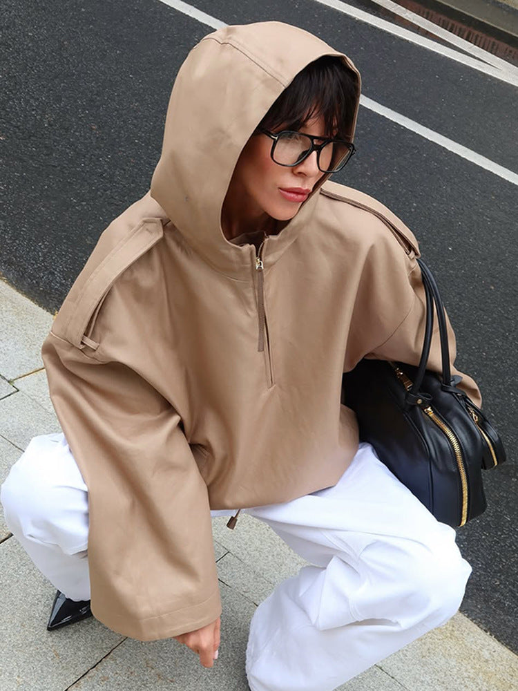 Damen Oversize Kapuzen-Pulloverjacke mit halbem Reißverschluss und Schulterpasse Nord Taschen
