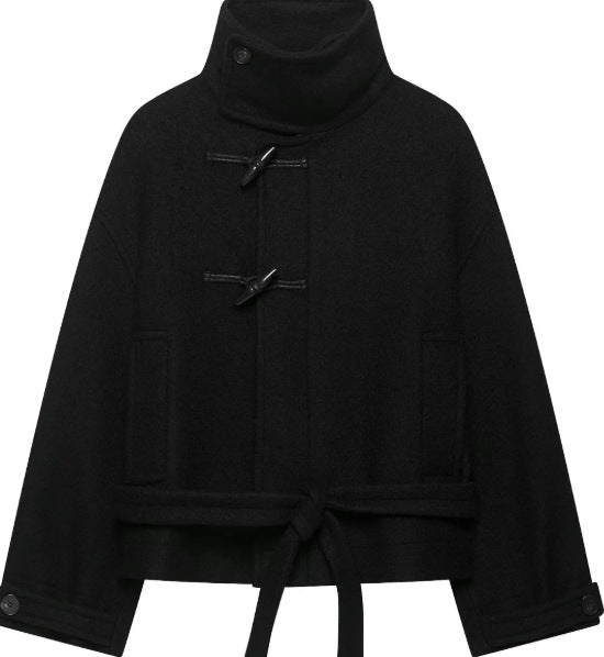 Damen Kurz geschnittener Duffle‑Cape‑Mantel mit hohem Funnelkragen, Knebelverschlüssen und Bindegürtel Nord Taschen