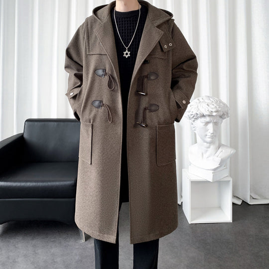 Herren Langer Wollmix Dufflecoat mit Kapuze, Knebelverschlüssen und aufgesetzten Taschen Nord Taschen