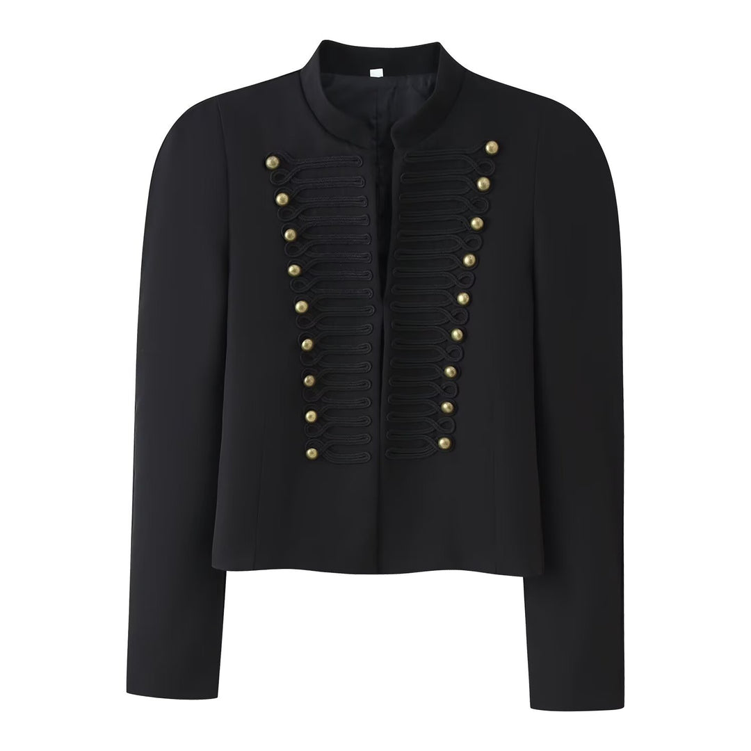 Damen Cropped‑Blazer im Militärstil mit Stehkragen und Zierkordierungen Nord Taschen