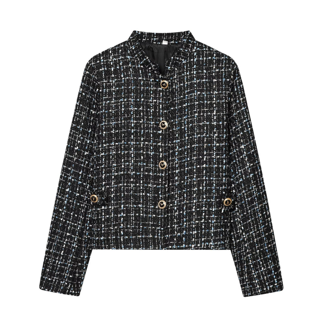 Damen Bouclé‑Tweed‑Cropped‑Jacke mit Stehkragen und goldfarbenen Schmuckknöpfen Nord Taschen