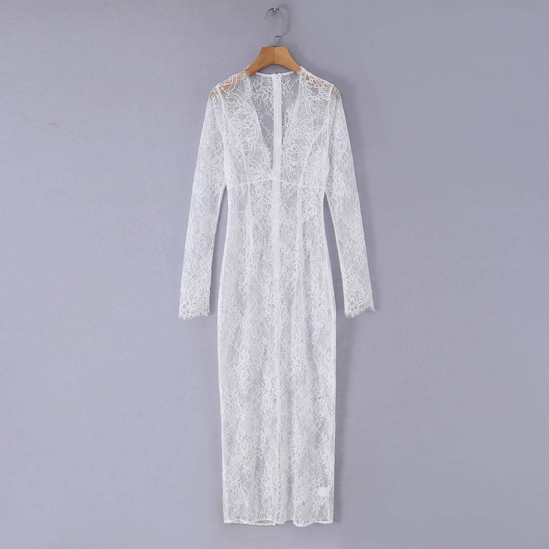 Damen Spitzen‑Maxikleid mit Korsett‑Oberteil und langen Ärmeln Nord Taschen