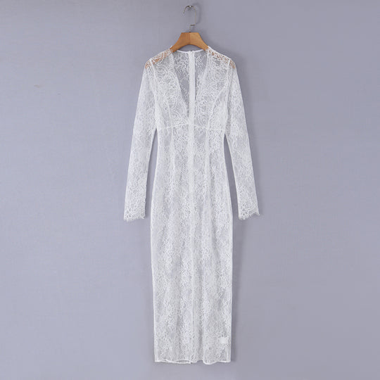 Damen Spitzen‑Maxikleid mit Korsett‑Oberteil und langen Ärmeln Nord Taschen