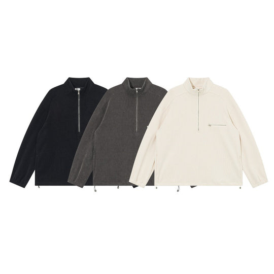 Unisex Oversize Halbzip-Pullover aus Cord‑Mix mit Brust-Reißverschlusstasche und Kordelzugsaum Nord Taschen