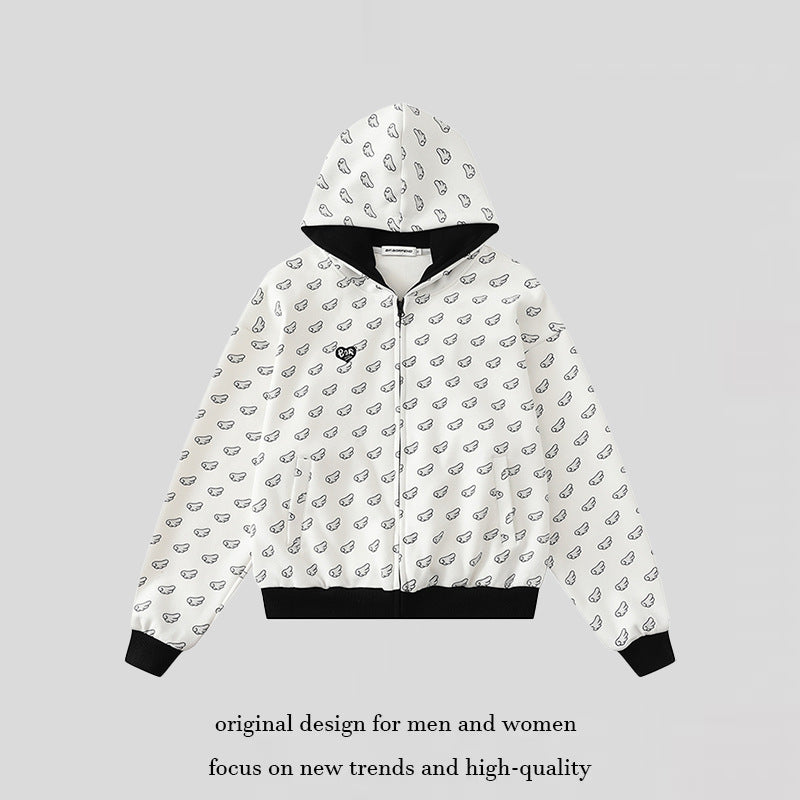Damen Kapuzensweatjacke mit Allover‑Flügelmotiv, durchgehendem Reißverschluss und kontrastierenden Bündchen Nord Taschen
