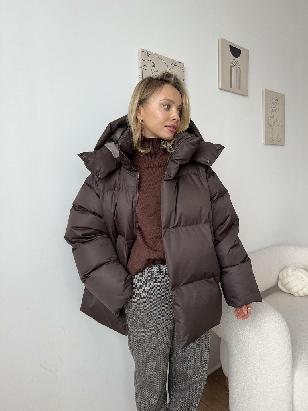 Damen Oversize Steppjacke mit Kapuze und wattierter Thermofüllung Nord Taschen