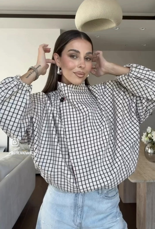 Damen Oversize-Bluse mit Stehkragen, karierter Optik und Ballonärmeln Nord Taschen