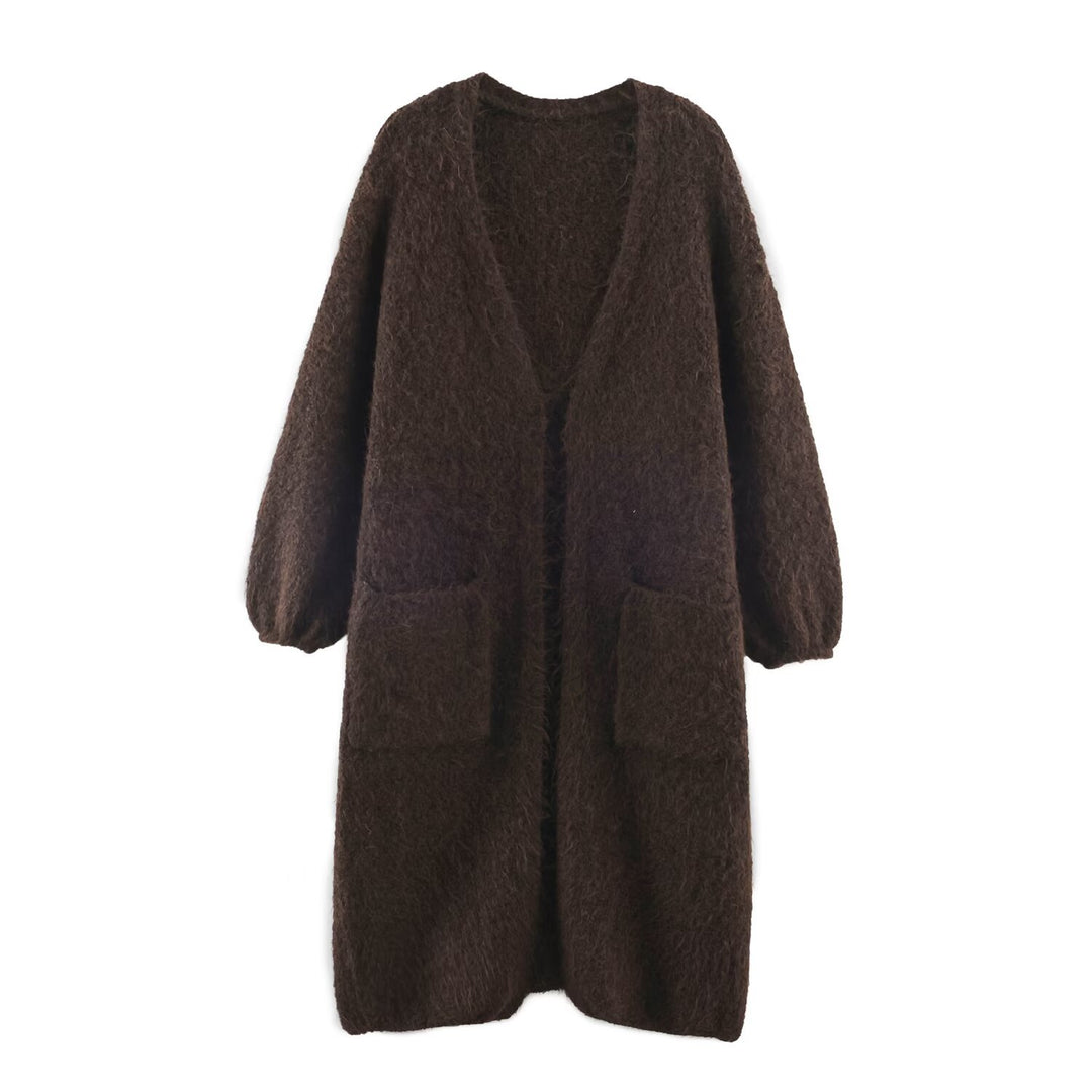 Damen Oversize Strickmantel mit V‑Ausschnitt, kuscheliger Bouclé‑Optik und aufgesetzten Taschen Nord Taschen