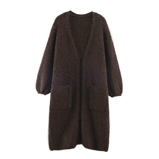 Damen Oversize Strickmantel mit V‑Ausschnitt, kuscheliger Bouclé‑Optik und aufgesetzten Taschen Nord Taschen