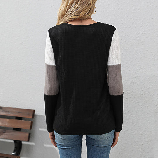 Damen Waffelstrick-Longsleeve mit V-Ausschnitt und Henley-Knopfleiste Nord Taschen
