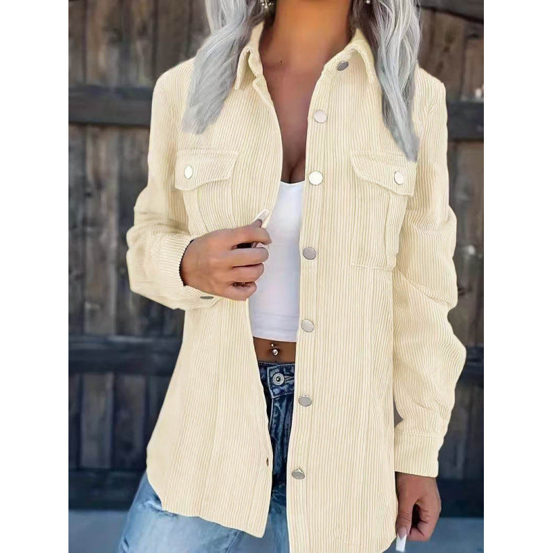 Damen Cord-Hemdjacke im Shacket-Stil mit Druckknopf-Leiste und Brusttaschen Nord Taschen