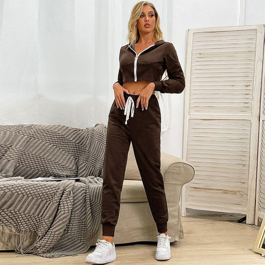 Damen Samt-Set kurzgeschnittene Kapuzenjacke mit Reißverschluss und hochtaillierter Jogginghose Nord Taschen