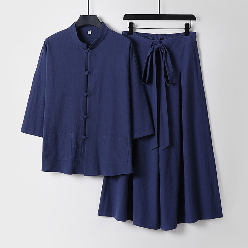 Damen Zweiteiliges Leichtes Lounge-Set mit Stehkragen, Kurzarm-Jacke und weitem Palazzo-Hosenrock Nord Taschen