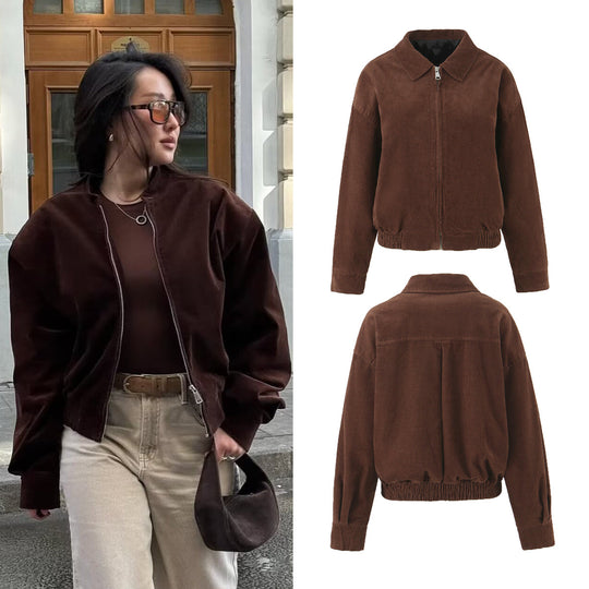 Damen Cordjacke aus Breitcord mit Reißverschluss, Hemdkragen und elastischem Saum Nord Taschen