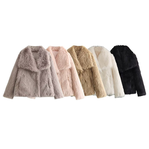 Damen Kurze Kunstfell-Jacke mit breitem Schalkragen Nord Taschen