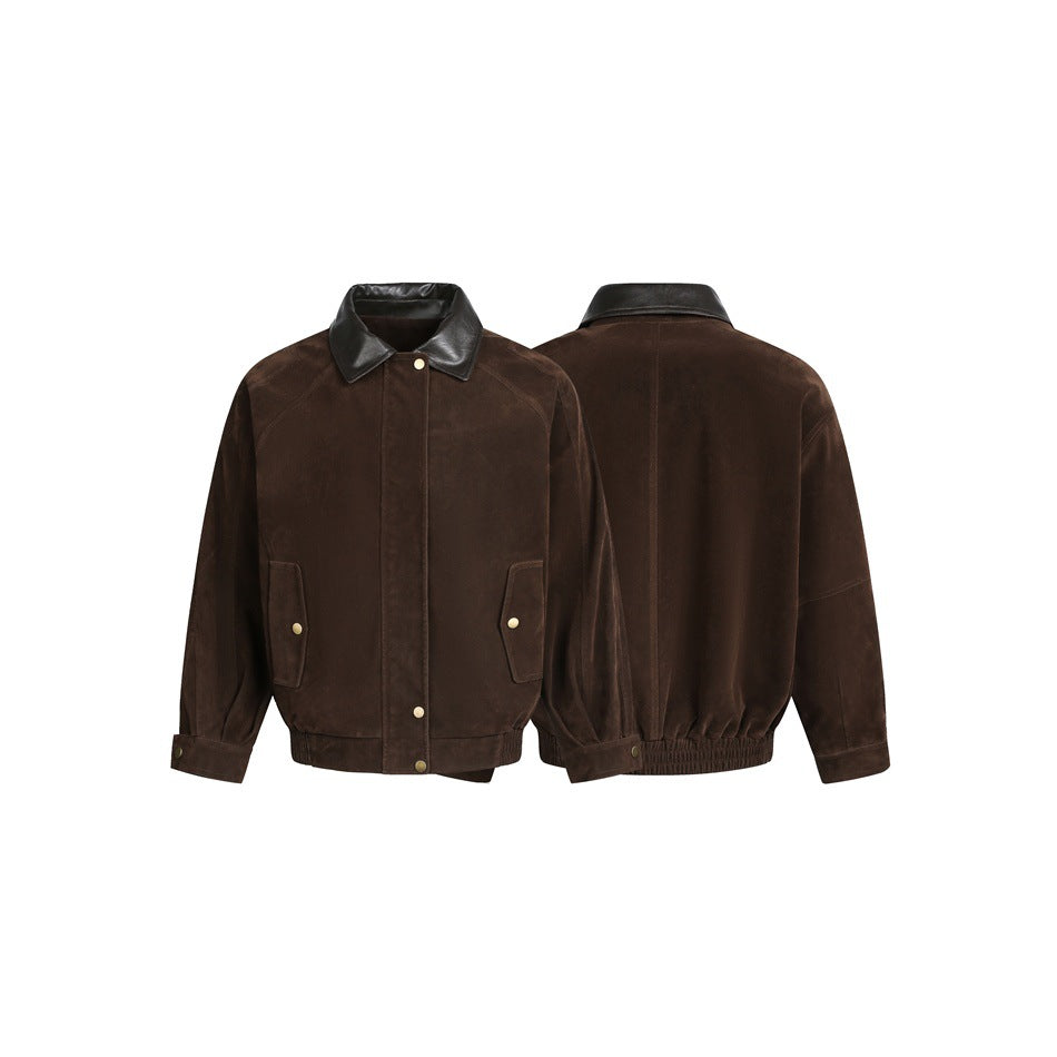 Herren Boxy Veloursleder-Blouson mit kontrastierendem Lederkragen und Druckknopf-Pattentaschen Nord Taschen