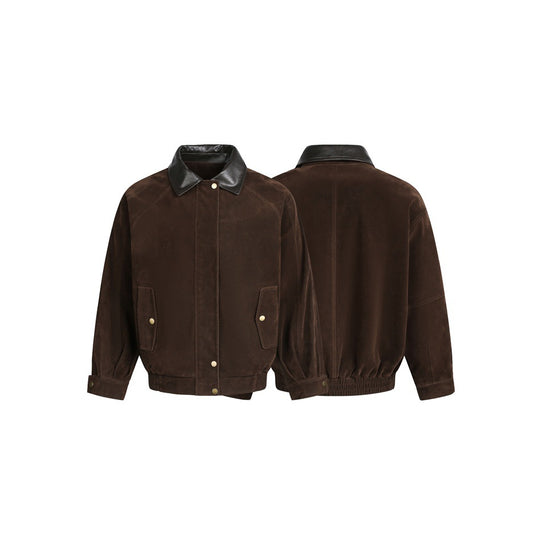 Herren Boxy Veloursleder-Blouson mit kontrastierendem Lederkragen und Druckknopf-Pattentaschen Nord Taschen