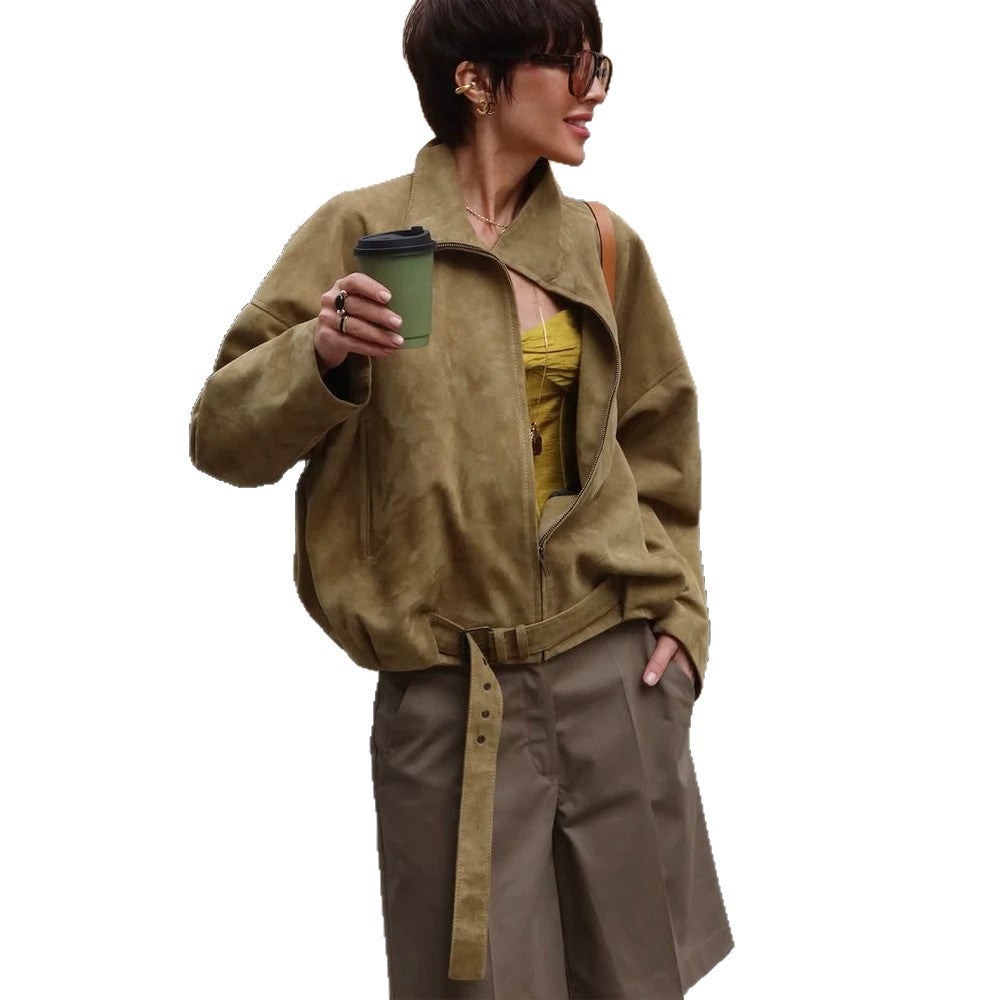 Damen Oversized Veloursleder-Bomberjacke mit taillierendem Bindegürtel und asymmetrischem Reißverschluss Nord Taschen
