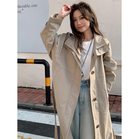 Damen Langer leichter Trenchcoat im Oversize-Stil mit geradem Schnitt und verdeckter Knopfleiste Nord Taschen