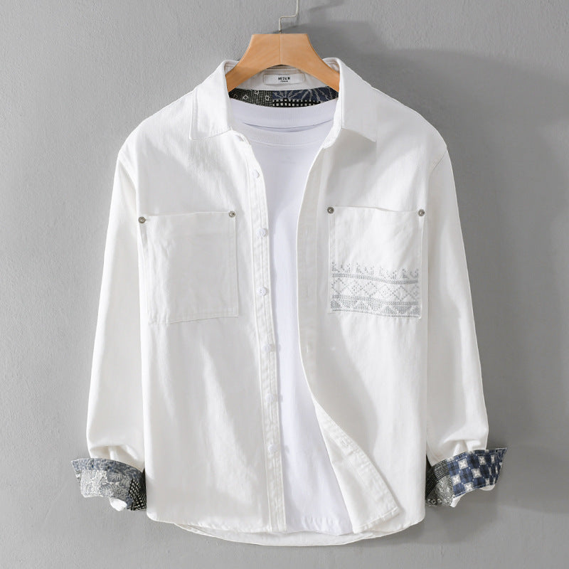 Herren Baumwoll-Overshirt mit Kontrastfutter, Brusttaschen und feiner Stickerei Nord Taschen