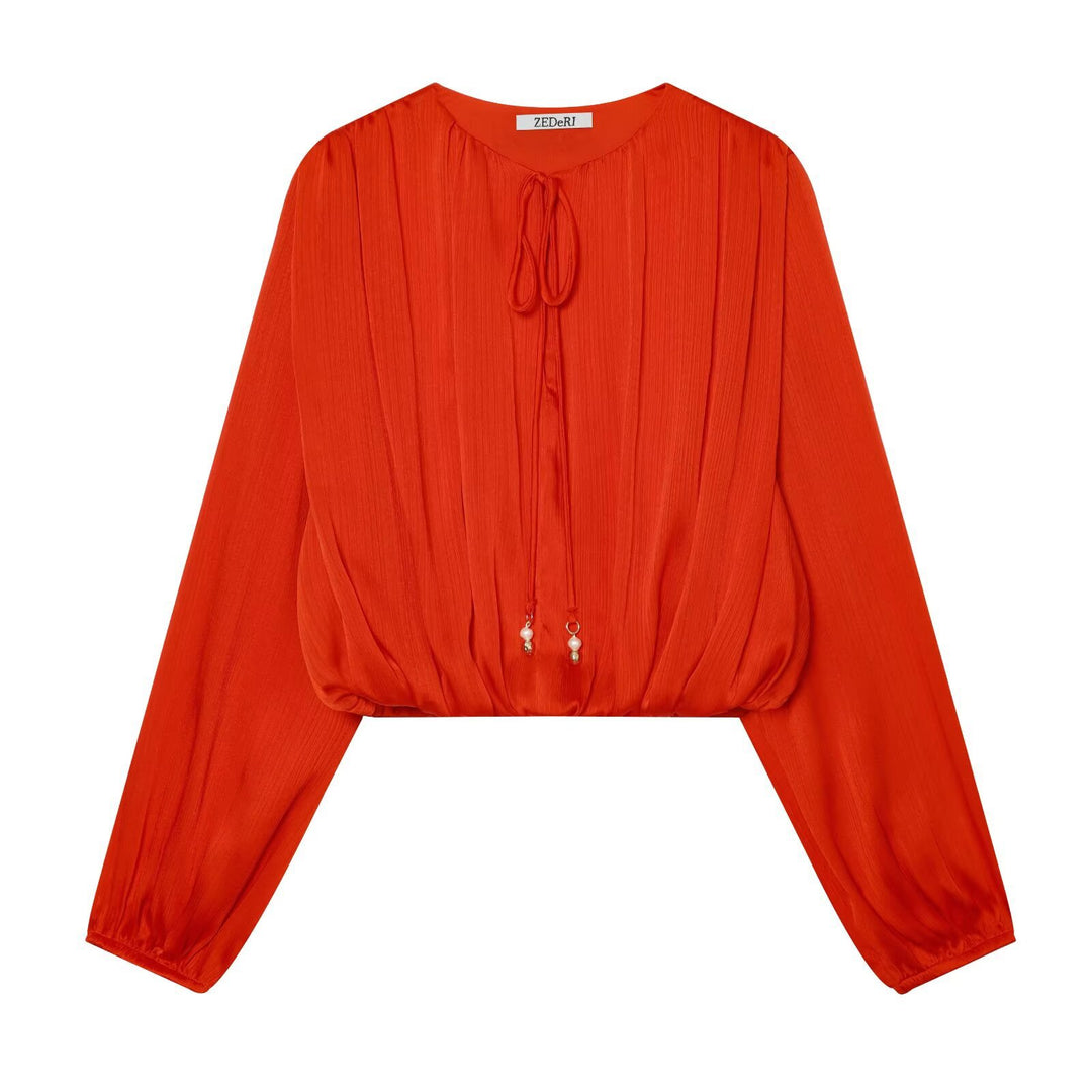 Damen Plissierte Cropped-Bluse mit Kordelzug und Ballonärmeln Nord Taschen