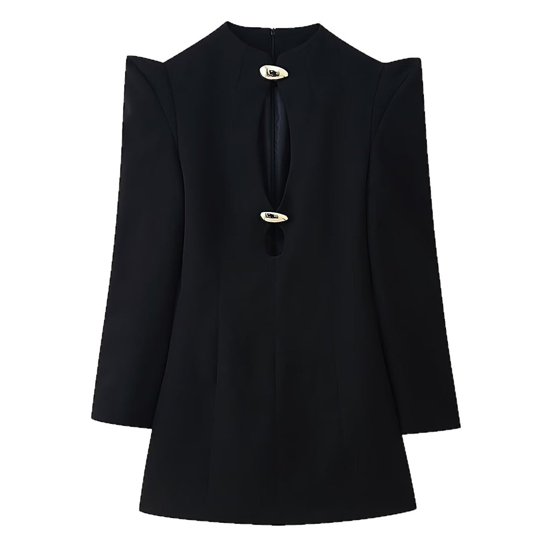 Damen Kurzblazer‑Kleid mit dramatischem Cut‑Out, betonter Schulter und goldenen Schmuckverschlüssen Nord Taschen