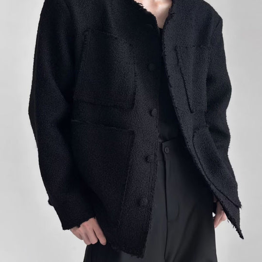Damen Oversized Bouclé-Jacke ohne Kragen mit aufgesetzten Taschen und Raw‑Edge-Details Nord Taschen